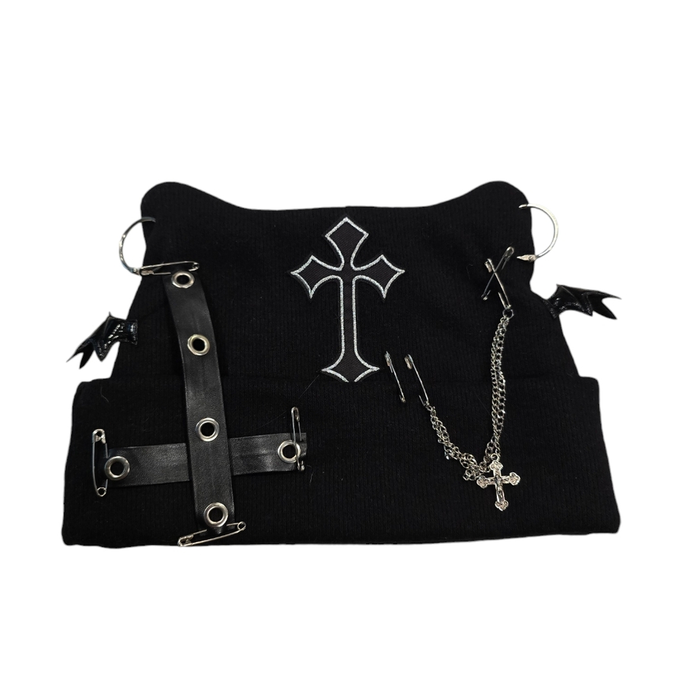 Gothic beanie, cat ear beanie, bat wings with chains and cross, fun hat